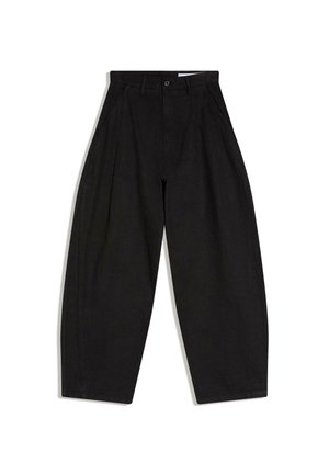 Black high-waist wide-leg pants with pleats, belt loops, front button, and zipper closure, laid flat on a white background.