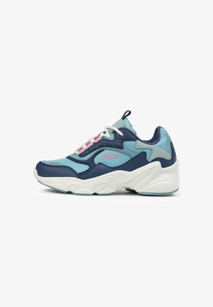 Fila sneakers with a mix of navy blue, light blue, and pink accents. Features a chunky white sole and textured leather and mesh materials.