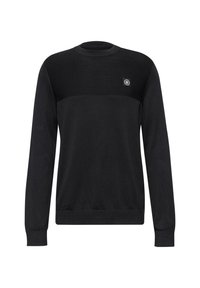 Schwarzer Langarm-Pullover mit geripptem oberen Brustbereich und einem kleinen quadratischen Logo-Patch auf der linken Seite.