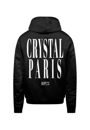 Black hoodie featuring bold white text on the back: "CRYSTAL PARIS" and "DEPT.75." Made of soft fabric with a hood and ribbed cuffs.