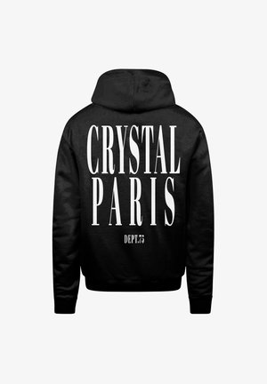 Czarna bluza z kapturem z odważnym białym napisem na plecach: "CRYSTAL PARIS" i "DEPT.75." Wykonana z miękkiego materiału, z kapturem i ściągaczami przy mankietach.