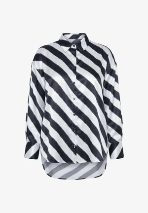 Sort-hvid diagonalt stripet langærmet satin-skjorte med knapper, spids krave og rundet kant, som er længere bagpå.