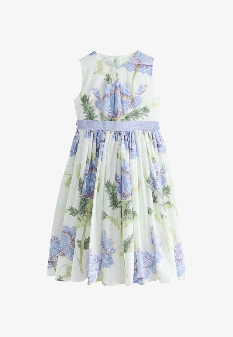 Robe blanche sans manches avec un grand motif floral bleu et vert et une ceinture violet clair, conçue pour les filles.