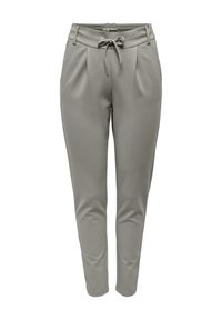 Pantalons effilés gris clair en tissu doux, avec une taille à cordon de serrage, des plis à l'avant et une texture lisse.