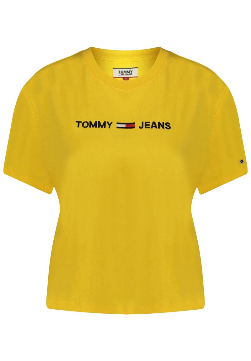 Gul bomullströja med korta ärmar, med "TOMMY JEANS"-logotypen broderad i svart med röda och vita detaljer över bröstet.