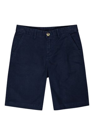 Short en coton bleu marine avec bouton devant, fermeture éclair, passants de ceinture et poches latérales, posé à plat sur fond blanc.