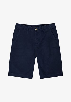 Marineblå bomuldsshorts med forreste knap, lynlås, bæltestropper og sidelommer, lagt fladt på hvid baggrund.