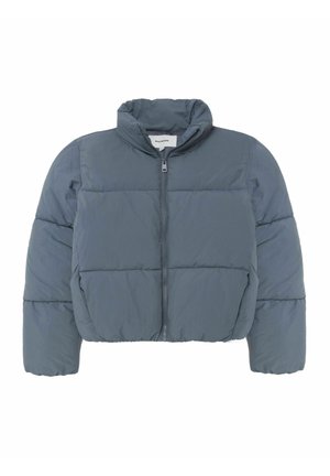 Gekürzte graue Daunenjacke mit hohem Kragen, Reißverschluss vorne, breiten Einsätzen und gestepptem Textur. Weicher, glatter Stoff.