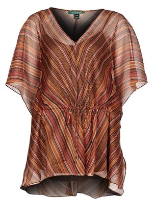 Gennemsigtig, løstsiddende bluse med V-hals, korte flæseærmer og diagonalt stribet mønster i brune, orange og pink nuancer med snøre i taljen.