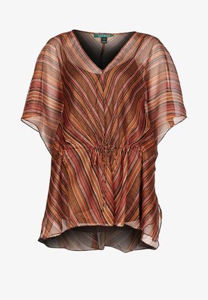 Läpinäkyvä, löysä pusero V-kaula-aukolla, lyhyillä liehuvilla hihoilla ja ruskea-, oranssi- ja vaaleanpunoraidallisella vinokuvioinnilla sekä nyörivyötäröllä.