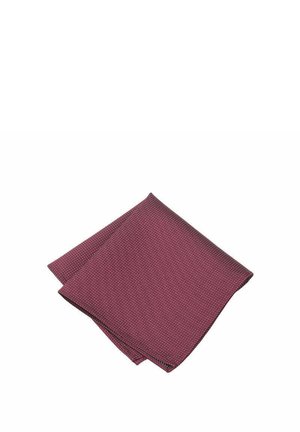 Burgundy pocket square with a dotted pattern, made of a smooth fabric. Square shape, neatly folded with a solid border detail.
