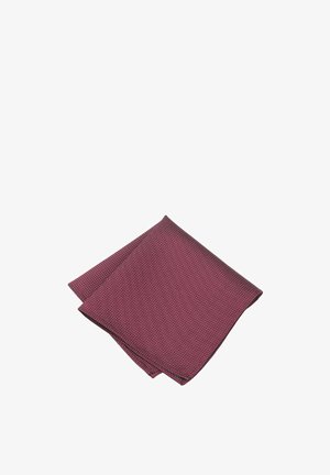 Burgundy pocket square with a dotted pattern, made of a smooth fabric. Square shape, neatly folded with a solid border detail.