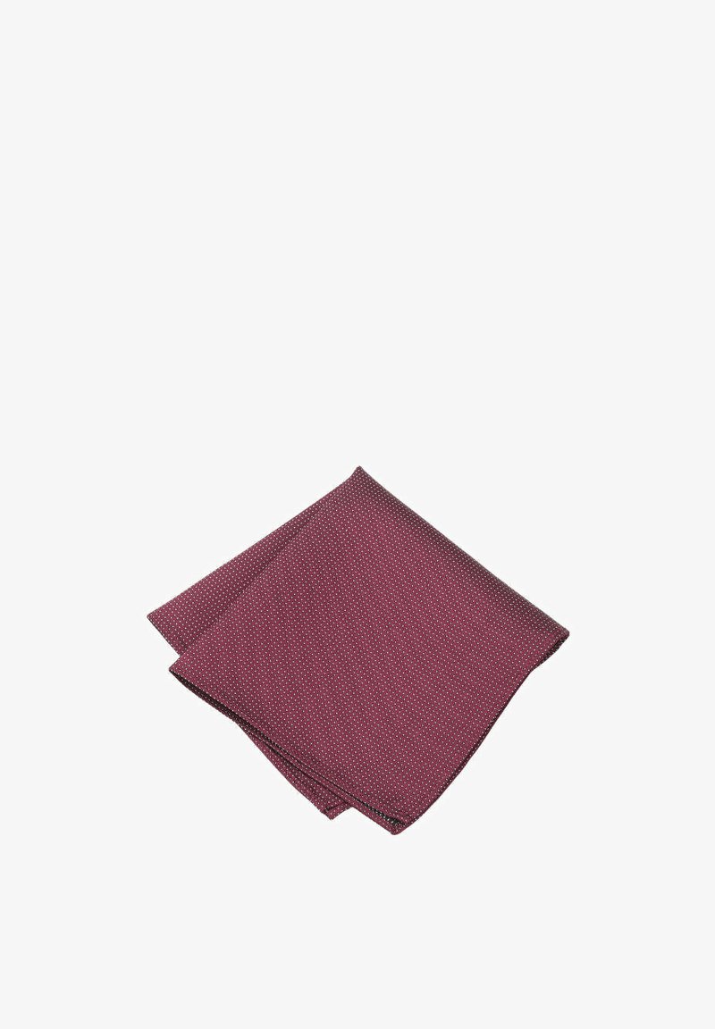 Burgundy pocket square with a dotted pattern, made of a smooth fabric. Square shape, neatly folded with a solid border detail.