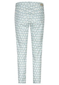 Geprinte broeken met een slim fit, gemaakt van lichte stof. Het ontwerp omvat een blauw en crème diamanten patroon, met achterzakken.