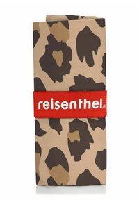 Reisenthel tote with a tan and brown leopard print, secured by a red strap featuring white text. Made of durable, textured material.