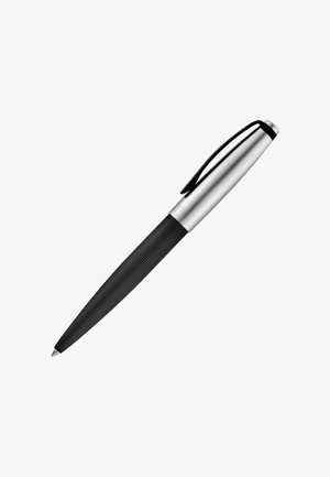 Silver and black ballpoint pen with ridged grip and metal clip on the cap, isolated on a white background.