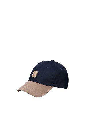Marineblaue Baseballkappe mit einem beigen, gebogenen Schirm und einem kleinen beigen quadratischen Fleck auf der Vorderseite.