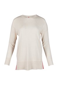Cremefarbener Pullover mit langen Ärmeln, rundem Ausschnitt und strukturierten Flecken, versehen mit roten Seitendetails und einer lässigen Passform.