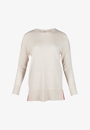Cream-colored sweater with long sleeves, a round neckline, and textured flecks, featuring red side accents and a relaxed fit.