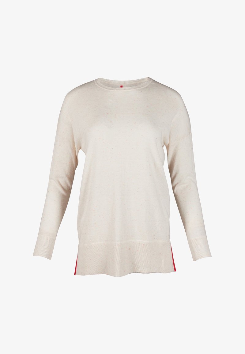 Cremefarbener Pullover mit langen Ärmeln, rundem Ausschnitt und strukturierten Flecken, versehen mit roten Seitendetails und einer lässigen Passform.