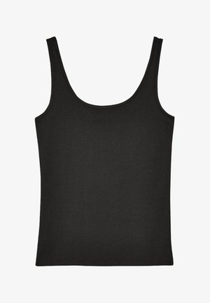 Melnas kokvilnas bezrāvēju topiņš ar apaļu izgriezumu, plānām plecu siksnām un piegulošu dizainu. Gluda tekstūra, bez rakstiem vai papildu akcentiem.