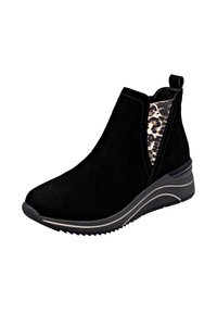 Bottes chelsea en suède noir avec un panneau latéral élastique à imprimé léopard et une semelle en caoutchouc texturée. Elles disposent d'un légertalon compensé pour le confort.