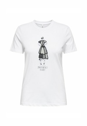 Biała bawełniana koszulka z grafiką przedstawiającą kobietę w czarno-szarym stroju oraz napisem "PEWNOŚĆ SIEBIE TO KLUCZ" pod wzorem.