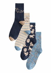 Fyra par strumpor: mörkblå ribbade med hunddesign, beige randiga, marinblå med hundmönster och ljusblå med hundkonturer, alla i bomullsblandning.