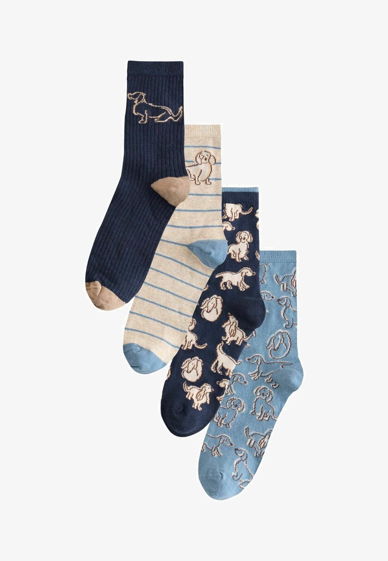 Négy pár zokni: sötétkék bordázott kutya mintával, bézs csíkos, tengerészkék kutyás mintákkal, és világoskék kutyamintás, mind pamut keverék.