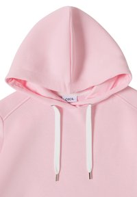 Sweat à capuche rose clair avec cordons blancs et une étiquette de marque "CECIL" visible à l'intérieur de l'encolure.