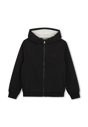 Sweat à capuche zippé noir avec poches avant et capuche doublée, avec un petit logo rond sur le côté gauche de la poitrine.