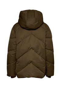 Brązowa ocieplana kurtka z kapturem, w poziome wzmocnienia chevron, z elastycznymi mankietami. Wykonana z wodoodpornego materiału, zapewniającego ciepło.
