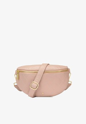 Pikowana różowa torebka crossbody z ekologicznej skóry, ze złotymi akcentami, zamknięciem na zamek i regulowanym paskiem. Okrągły kształt z subtelnym logo.
