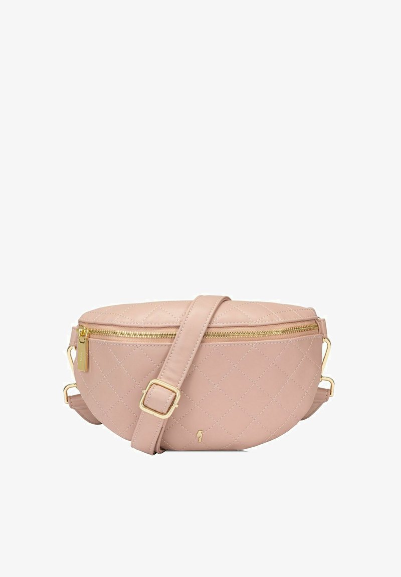Pikowana różowa torebka crossbody z ekologicznej skóry, ze złotymi akcentami, zamknięciem na zamek i regulowanym paskiem. Okrągły kształt z subtelnym logo.