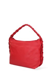Borsa a mano in pelle rossa con manico intrecciato, forma rettangolare, texture morbida e chiusura superiore con zip. Design semplice senza ulteriori motivi.