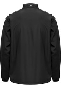 Black waterproof jacket featuring a high collar, elastic cuffs, and white geometric patterns on the shoulders. Smooth, matte texture.