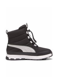 Botas aislantes negras con parte superior de tela texturizada, acentos blancos y punta redondeada. Presenta una suela de contraste y un diseño de cordones en la parte delantera.