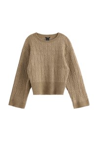 Maglione lavorato a maglia in beige con un motivo a trecce in rilievo, scollatura rotonda, design cropped e polsini e orlo a costine. Tessuto morbido e strutturato.