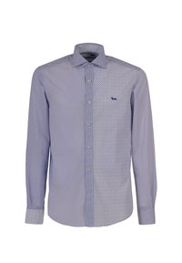 Lange mouwen shirt in lichtblauw, met een mix van stippenpatronen en een effen kraag. Inclusief knoopsluiting en een klein logo op de borst.
