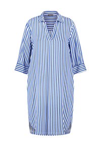 Robe à rayures avec des rayures verticales bleues et blanches, un col chemise, des manches trois-quarts et des fentes latérales à l'ourlet.