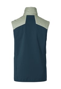 Gilet sans manches bleu foncé avec empiècement d'épaule matelassé gris clair et col montant, vu de dos.