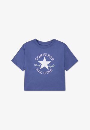 T-shirt en coton violet à manches courtes et col rond, orné d'une étoile blanche et du texte "Converse Chuck Taylor All Star".
