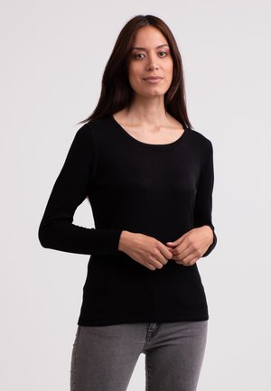 Langärmliger schwarzer Pullover mit rundem Ausschnitt, aus weichem Material gefertigt, mit einer figurschmeichelnden Passform und glatter Textur.
