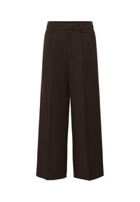 Pantalon large brun foncé avec passants de ceinture et fermeture à glissière sur le devant, sur fond blanc uni.