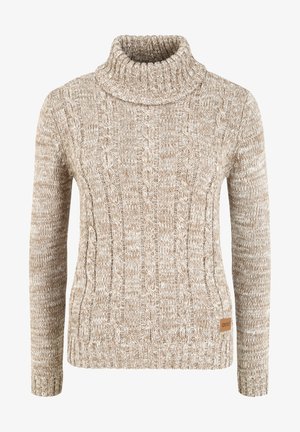 Beezhist lõngakootud kampsun kõrge kõrge kraega, soonikute varrukate ja äärtega. Alumisel küljel on väike pruun silt. Pehme tekstuur.