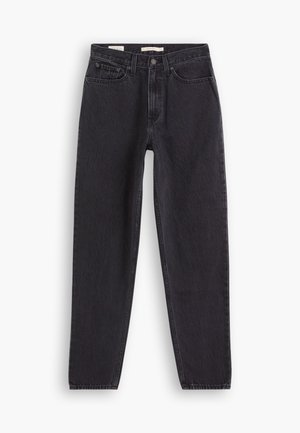 Black denim jeans with a straight-leg design, featuring five pockets, front button closure, and stitched detailing along the seams.