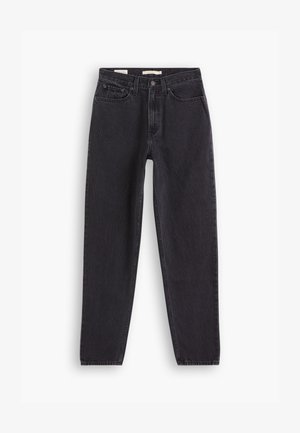 Black denim jeans with a straight-leg design, featuring five pockets, front button closure, and stitched detailing along the seams.