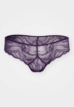 Purple lace panties with scalloped edges featuring intricate patterns and a sheer texture. V-shaped design at the center.