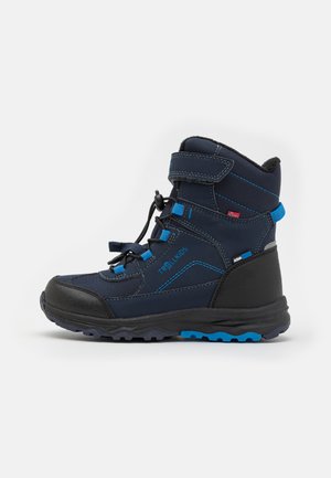 Navy hiking boot featuring a waterproof design, black rubber sole, blue accents, padded collar, and adjustable lacing for secure fit.