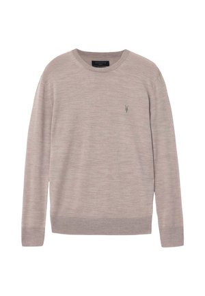 Maglione beige chiaro a maniche lunghe con scollo tondo, polsini e orlo a coste, con un piccolo logo ricamato sul petto a sinistra.